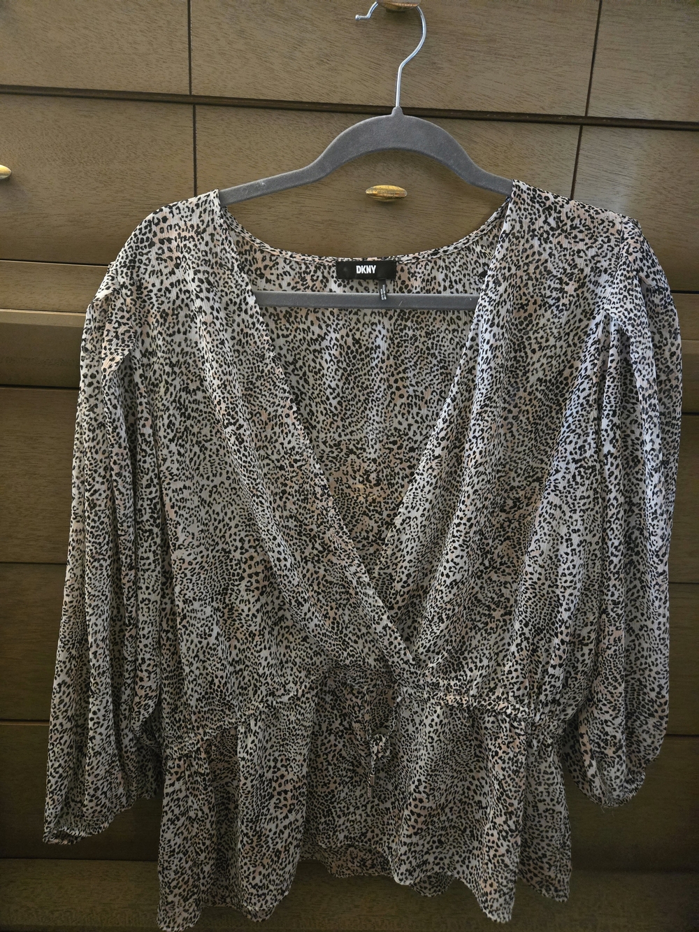 DKNY Beige Leopard Print V-Neck Sheer Top With Cinch Waist